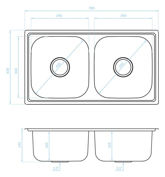 Kuchinox Standard, 2 rekeszes rozsdamentes mosogató 780x430x195 mm, rovátkolt díszítéssel, acél, LAV-SKS_320T
