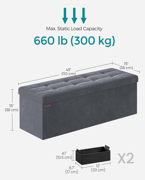 SONGMICS Összecsukható Tároló Ülőpad Bársony Palaszürke 110 cm