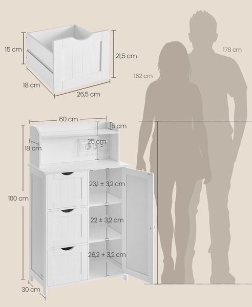 VASAGLE fürdőszobai szekrény beépített töltőállomással fiókokkal és állítható polcokkal 30 x 60 x 100 cm felhőfehér