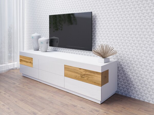 TV-állvány Livlore 102, Laminált forgácslap, 54x206x51cm, Fehér, Fényes fehér, Wotan tölgy
