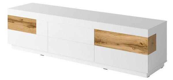 TV-állvány Livlore 102, Laminált forgácslap, 54x206x51cm, Fehér, Fényes fehér, Wotan tölgy