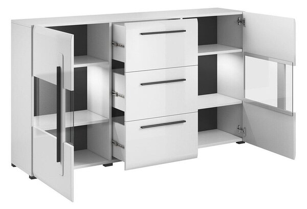 Komód Ophsalu 106, Edzett üveg, Laminált forgácslap, 103x180x39cm, Fényes fehér, Fehér