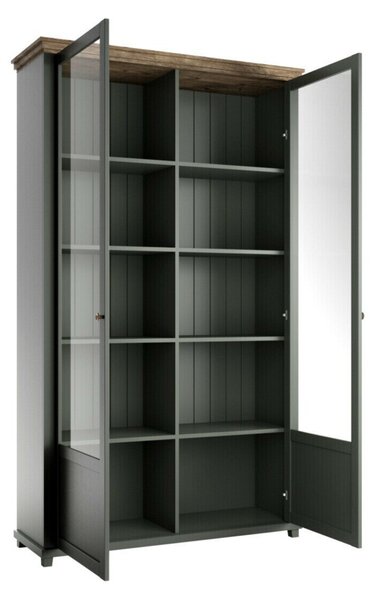 Könyvespolc Tolnue 102, Ajtókkal, Zárt, Üveg, Közepes sűrűségű farostlemez, Laminált forgácslap, 200x126x42cm, Lefkas tölgy, Sötétzöld