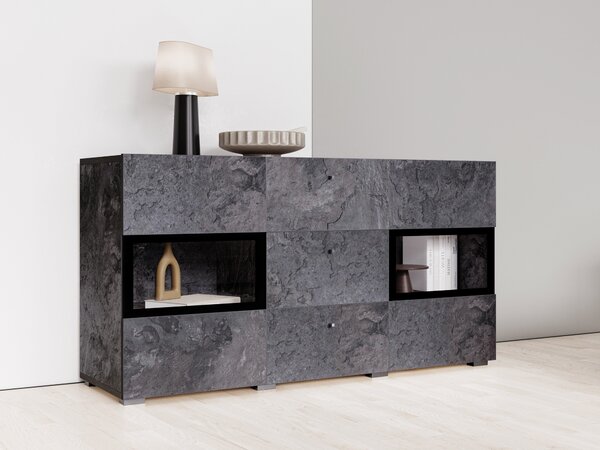 Komód Serodeu 101, Edzett üveg, Laminált forgácslap, 70x132x39cm, Sötét beton