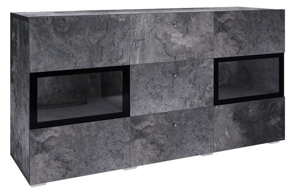 Komód Serodeu 101, Edzett üveg, Laminált forgácslap, 70x132x39cm, Sötét beton