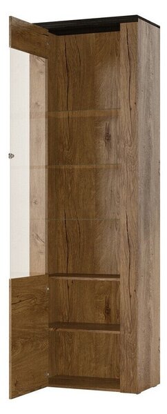 Könyvespolc Salelbo 112, Zárt, Fiókokkal, Ajtókkal, Üveg, Laminált forgácslap, 206x65x37cm, Sötét tölgy, Lefkas tölgy