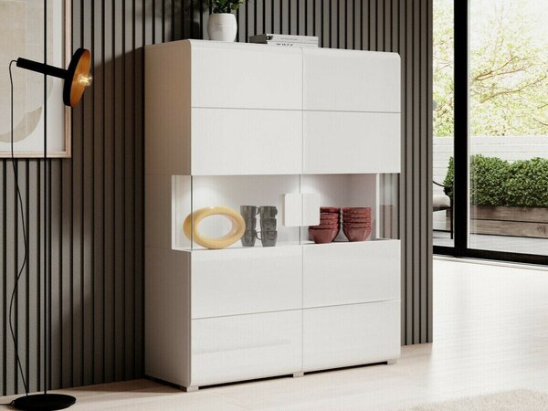 Könyvespolc Torsone 107, Zárt, Ajtókkal, Üveg, Laminált forgácslap, 152x122x39cm, Fényes fehér, Fehér