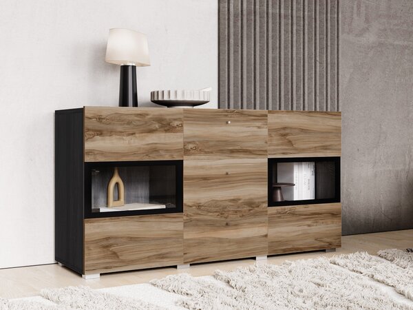 Komód Serodeu 101, Edzett üveg, Laminált forgácslap, 70x132x39cm, Dió, Sötét barna