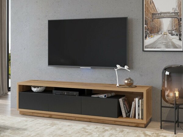 TV-állvány Austin 357, Laminált forgácslap, 50x200x45cm, Matt fekete, Wotan tölgy