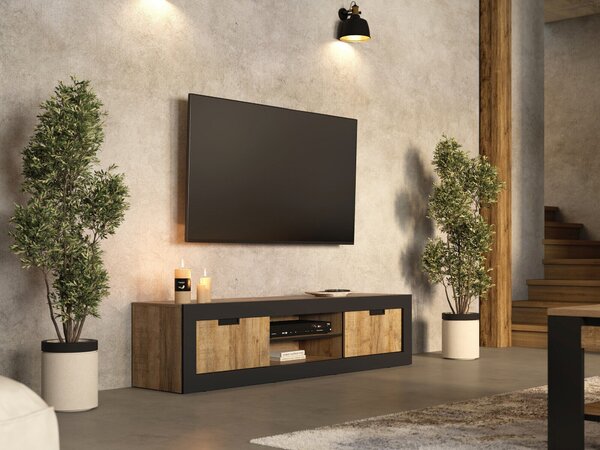 TV-állvány Melmava 102, Laminált forgácslap, 43x180x40cm, Tölgy, Fekete