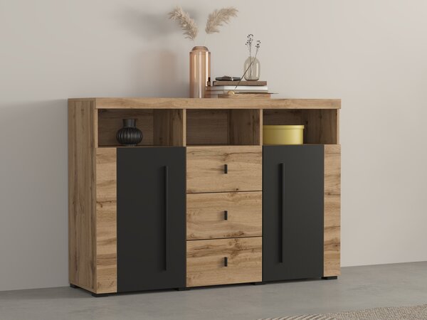 Komód Sorciro 101, Laminált forgácslap, 92x132x39cm, Wotan tölgy, Fekete