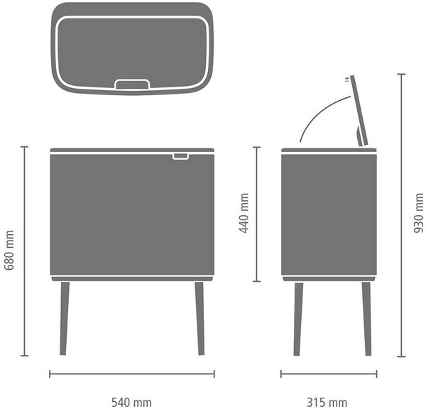 Brabantia Bo Touch Bin nyomófedeles szelektív hulladékgyűjtő, magasított, lábakon álló, műanyag tartály, 11+23L - X+J méret, acél, hamvasszürke - 255007