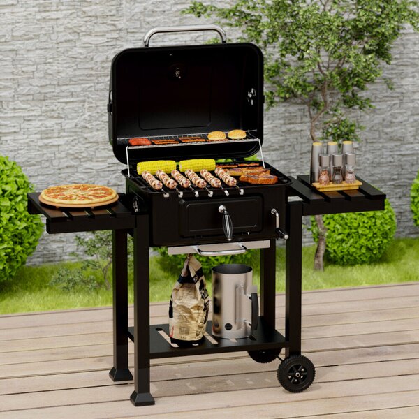 KLUGMEISTER FT01-017 faszenes grillsütő, acél anyagból (fedéllel), hamutartóval, fedővel és kerekekkel, főzőfelület 54x43 cm
