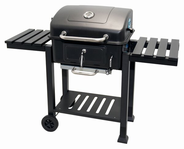 KLUGMEISTER FT01-017 faszenes grillsütő, acél anyagból (fedéllel), hamutartóval, fedővel és kerekekkel, főzőfelület 54x43 cm