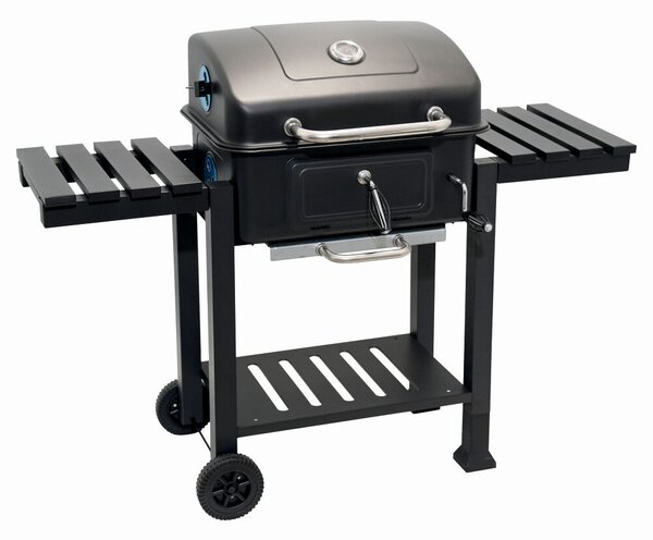 KLUGMEISTER FT01-017 faszenes grillsütő, acél anyagból (fedéllel), hamutartóval, fedővel és kerekekkel, főzőfelület 54x43 cm