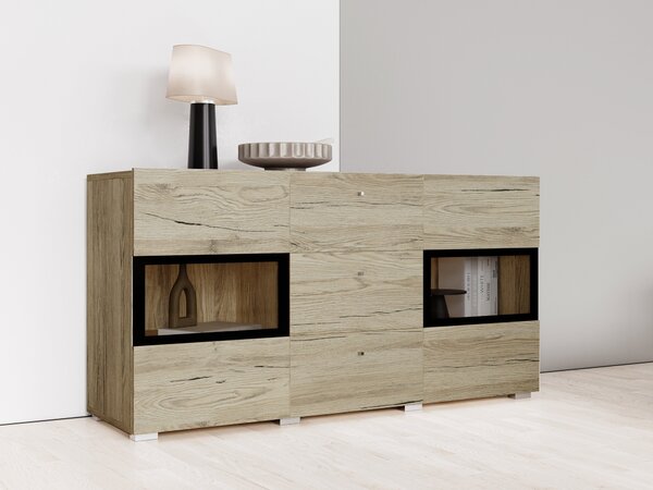 Komód Serodeu 101, Edzett üveg, Laminált forgácslap, 70x132x39cm, San remo tölgy