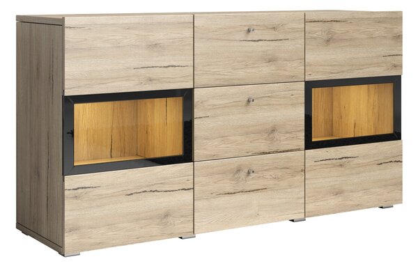 Komód Serodeu 101, Edzett üveg, Laminált forgácslap, 70x132x39cm, San remo tölgy
