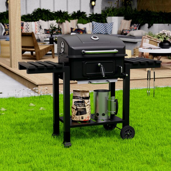 KLUGMEISTER FT01-017 faszenes grillsütő, acél anyagból (fedéllel), hamutartóval, fedővel és kerekekkel, főzőfelület 54x43 cm