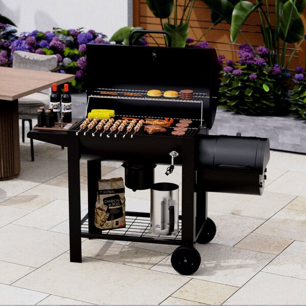 Faszenes grill füstölővel KLUGMEISTER KY23020G, acél anyagból, fedővel és kerekekkel, főzőfelület 66x42 cm