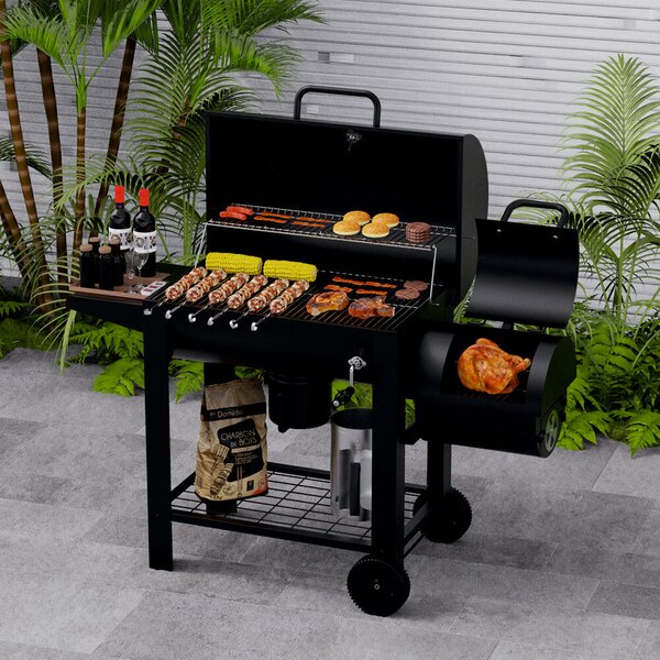 Faszenes grill füstölővel KLUGMEISTER KY23020G, acél anyagból, fedővel és kerekekkel, főzőfelület 66x42 cm