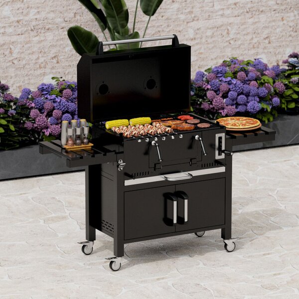 KLUGMEISTER FT01-070 faszenes grillsütő, acél anyagból (fedéllel), fedővel és kerekekkel, főzőfelület 72x43 cm