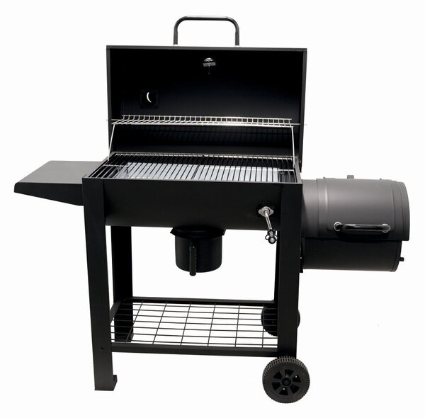 Faszenes grill füstölővel KLUGMEISTER KY23020G, acél anyagból, fedővel és kerekekkel, főzőfelület 66x42 cm