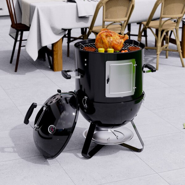 Füstölő faszenes grillsütővel KLUGMEISTER KY8560LD, acél anyag, grillsütő átmérője 44 cm, méretek 62x49x96 cm