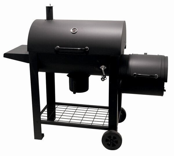 Faszenes grill füstölővel KLUGMEISTER KY23020G, acél anyagból, fedővel és kerekekkel, főzőfelület 66x42 cm