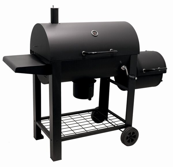 Faszenes grill füstölővel KLUGMEISTER KY23020G, acél anyagból, fedővel és kerekekkel, főzőfelület 66x42 cm