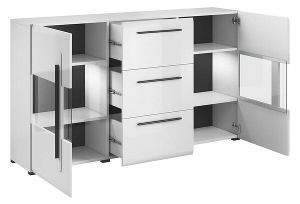Komód Ophsalu 106, Edzett üveg, Laminált forgácslap, 103x180x39cm, Grandson tölgy