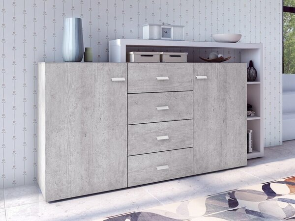 Komód Lutiva 106, Laminált forgácslap, 97x180x37cm, Beton, Fehér