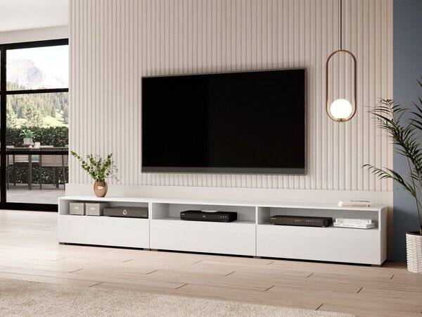 TV-állvány Serodeu 105, Laminált forgácslap, 40x270x41cm, Fényes fehér, Fehér