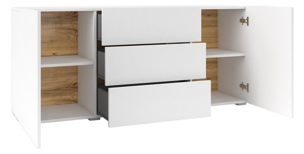Komód Revmiru 103, Laminált forgácslap, 63x140x35cm, Wotan tölgy, Fehér