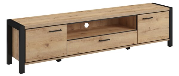 TV-állvány Temire 105, Laminált forgácslap, 50x210x41cm, Világos tölgy, Matt fekete