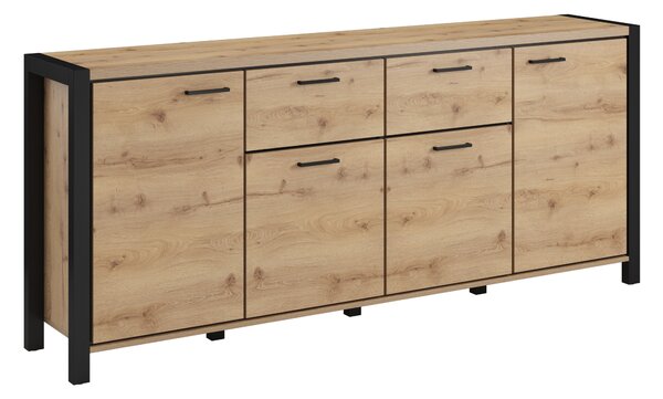 Komód Temire 103, Laminált forgácslap, 91x213x41cm, Matt fekete, Világos tölgy