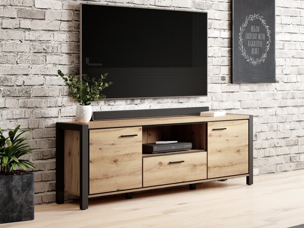 TV-állvány Temire 106, Laminált forgácslap, 65x180x41cm, Világos tölgy, Matt fekete