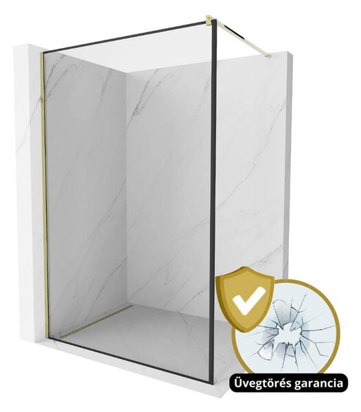 HD Velence Gold Walk-In zuhanyfal 8 mm vastag vízlepergető biztonsági üveggel, 200 cm magas, arany profillal és távtartóval