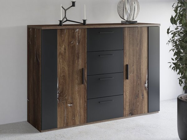 Komód Felelie 102, Laminált forgácslap, 94x132x40cm, Ezüst, Rusztikus sötét tölgy, Matt fekete