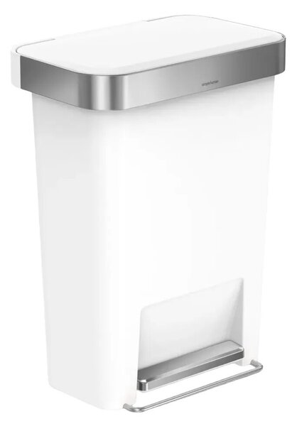 Simplehuman pedálos szemeteskuka, 45 literes kapacitás, rozsdamentes acél pedál, zsáktároló rekesz, soft-close fedél, belső nyílás a cserezsákoknak, rozsdamentes acél test, minimalista design