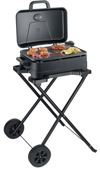 Severin kerti elektromos grill kerekekkel, 45x30 cm főzőfelület, erkélyre/kertbe alkalmas, asztali grillként is használható, kerámia bevonat, gyors felmelegedés (4.30 perc), szabályozható hőm