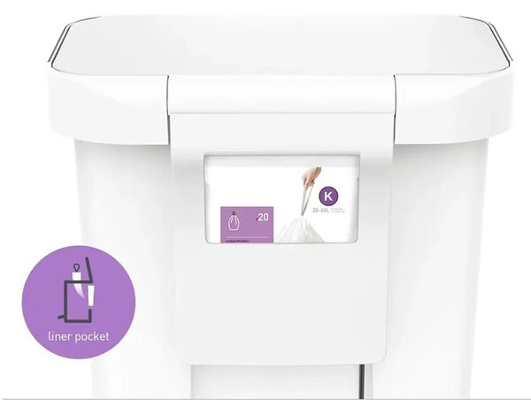 Simplehuman pedálos szemeteskuka, 45 literes kapacitás, rozsdamentes acél pedál, zsáktároló rekesz, soft-close fedél, belső nyílás a cserezsákoknak, rozsdamentes acél test, minimalista design