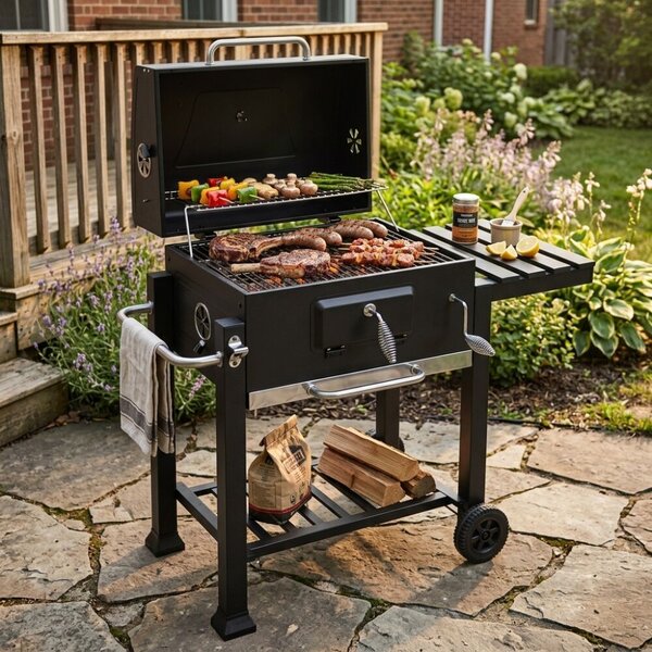 Pepita faszenes BBQ Grill oldalasztallal - Fekete