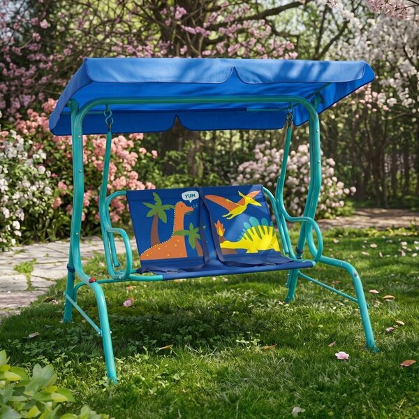 Kerti hinta gyerekeknek tetővel, Dinoszauruszok mintával, 2 személyes, fém váz, kék, 115x74x110 cm