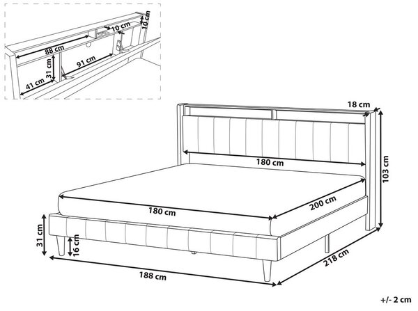 Ágy LED világítással BEAULIEU 180 x 200 cm Ágyneműtartóval USB porttal Bézs
