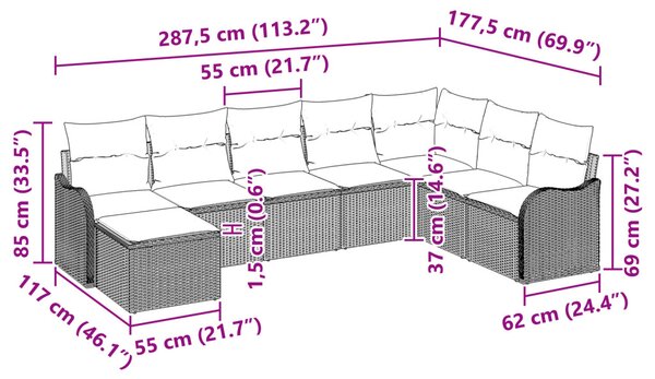 Kerti Kanapé Szett párnával 8 pcs Világosszürke Poli rattan