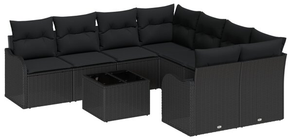 Kerti Kanapé Szett 9 pcs Fekete Poli Rattan és Acél és Üveg
