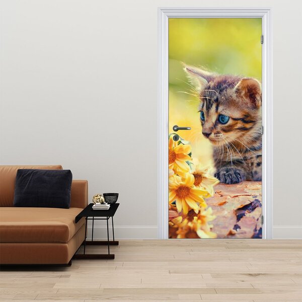 Fotótapéta ajtóra - Cica virágot figyelve (95x205cm)