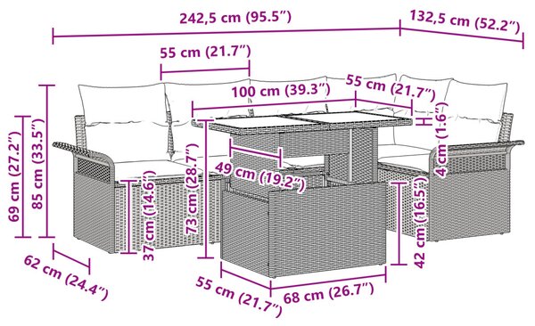 Kerti Kanapé Szett párnával 6 pcs Világosszürke Poli rattan