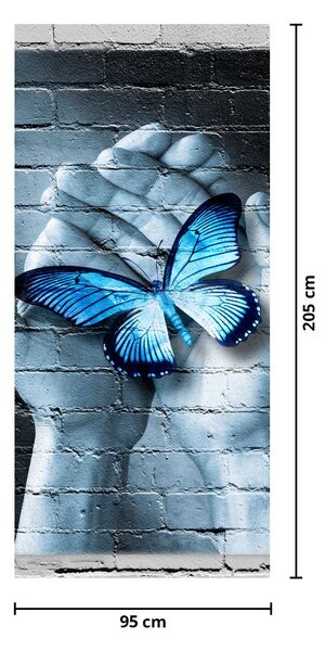 Fotótapéta ajtóra - Kék pillangó a falon (95x205cm)