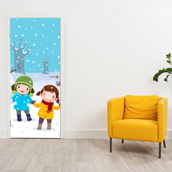 Fotótapéta ajtóra - Téli gyerekszórakozás (95x205cm)
